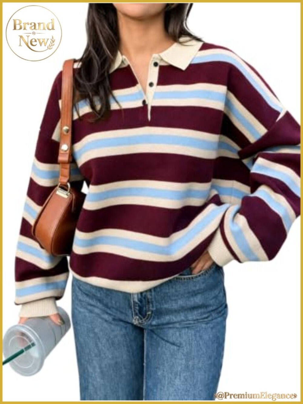 Women's Striped Polo Sweater Long Sleeve Knit Pullover Casual